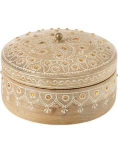 Boite de rangement déco ethnique chic Ronde 14 cm Bois de manguier Naturel Perle Orange Sahéra 