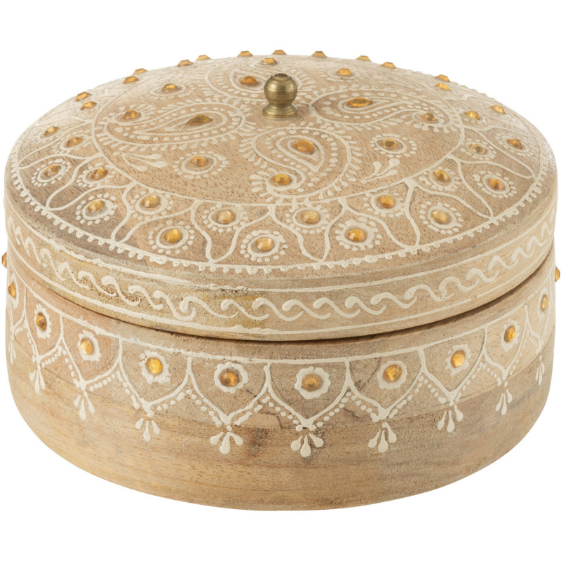 Boite de rangement déco ethnique chic Ronde 14 cm Bois de manguier Naturel Perle Orange Sahéra 