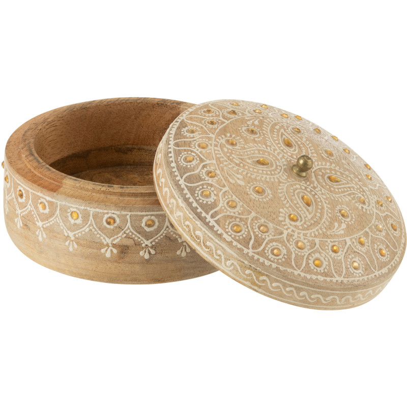 Boite de rangement déco ethnique chic Ronde 14 cm Bois de manguier Naturel Perle Orange Sahéra 
