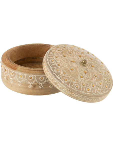 Boite de rangement déco ethnique chic Ronde 14 cm Bois de manguier Naturel Perle Orange Sahéra 