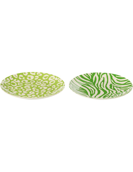 Lot de 2 Assiettes à dessert plate Jungle chic Ronde 20 cm Porcelaine Vert Blanc Motif zèbre & léopard Léoze