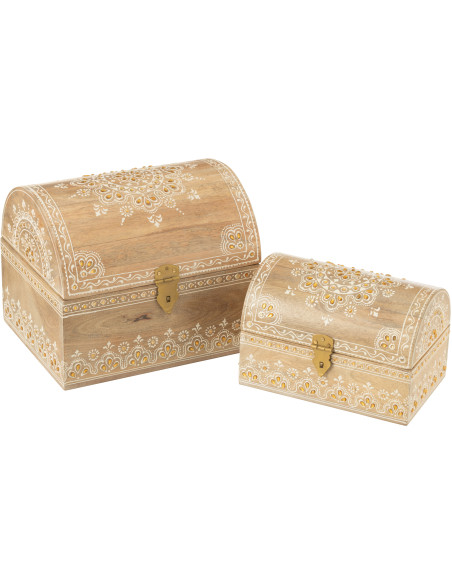 Lot de 2 Boites de rangement déco ethnique chic Rectangulaire Bois de manguier Naturel Perle Orange Sahéra