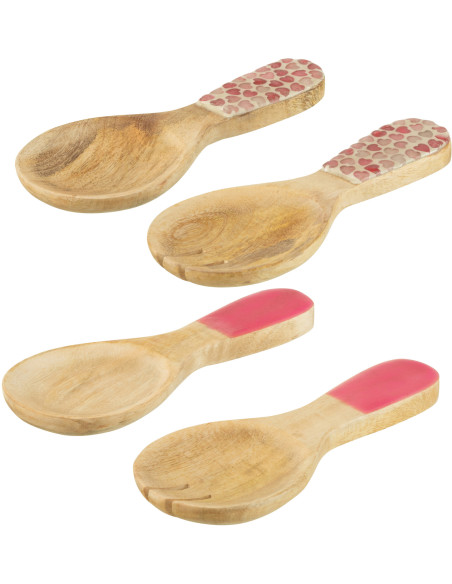 Lot de 4 Petits Couverts à salade romantique chic Bois de manguier Naturel Rose Motif coeurs Amorossi
