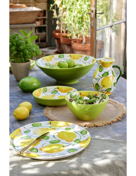 Grand Saladier style méditerranéen Rond 40 cm Céramique Vert Jaune Motif citrons Zest