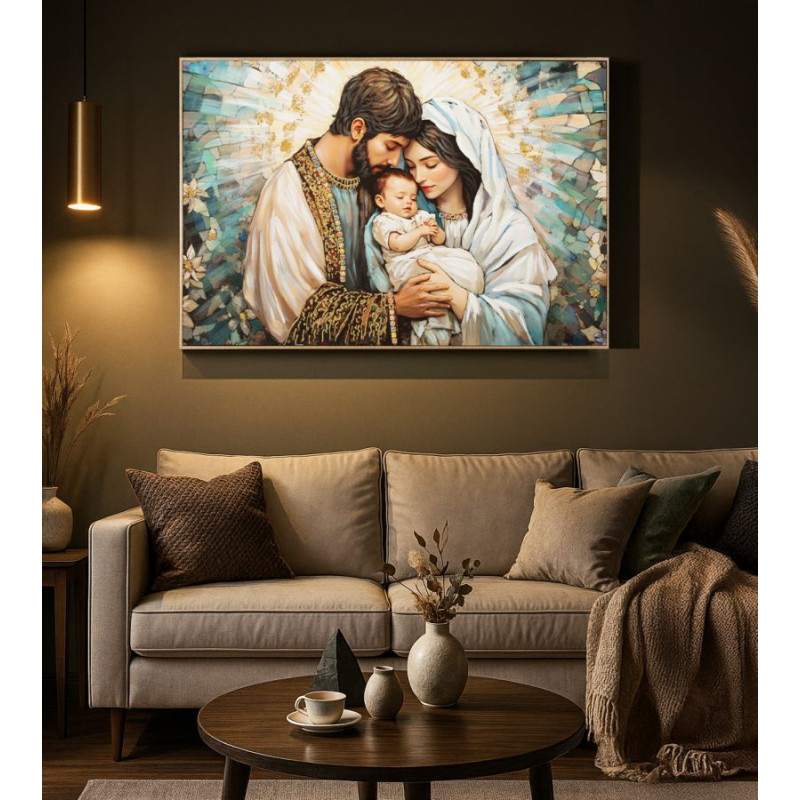 Grand Toile murale peinte religieuse nativité Cadre doré 122x82 Finition laquée Nativita 