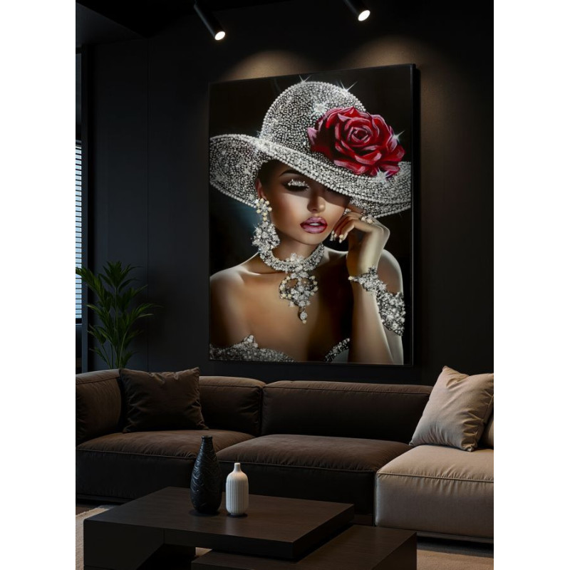 Grande Toile murale peinte Femme glamour Cadre noir 102x152 Finition laquée Orleans A 