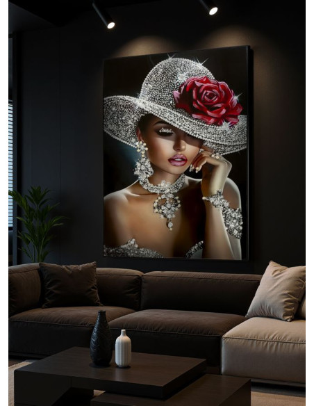 Grande Toile murale peinte Femme glamour Cadre noir 102x152 Finition laquée Orleans A 