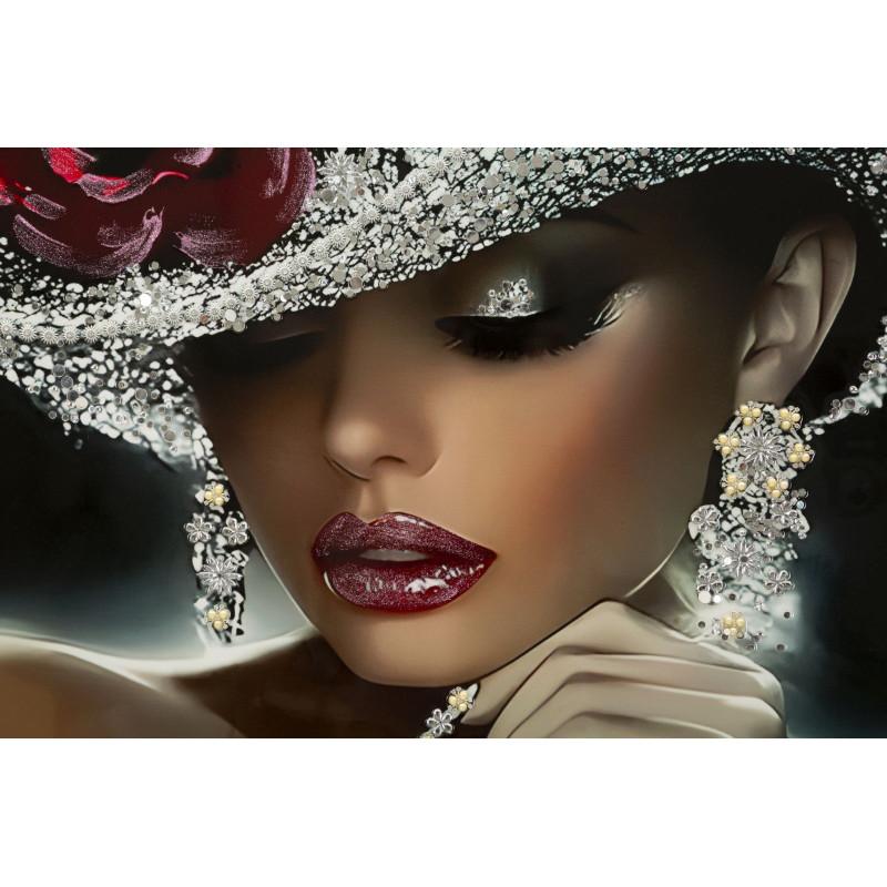 Grande Toile murale peinte Femme glamour Cadre noir 102x152 Finition laquée Orleans B 