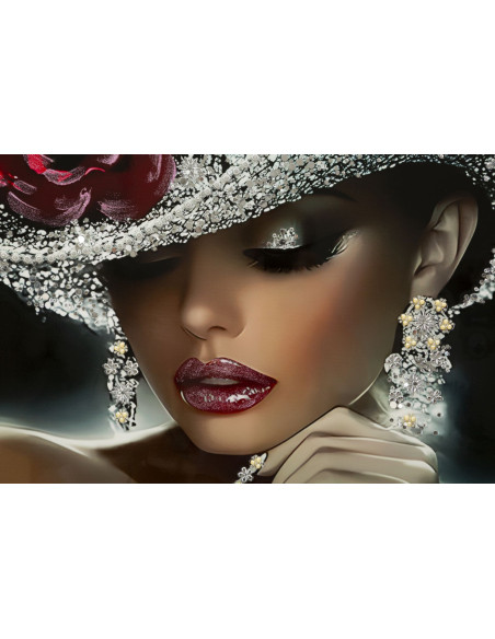 Grande Toile murale peinte Femme glamour Cadre noir 102x152 Finition laquée Orleans B 