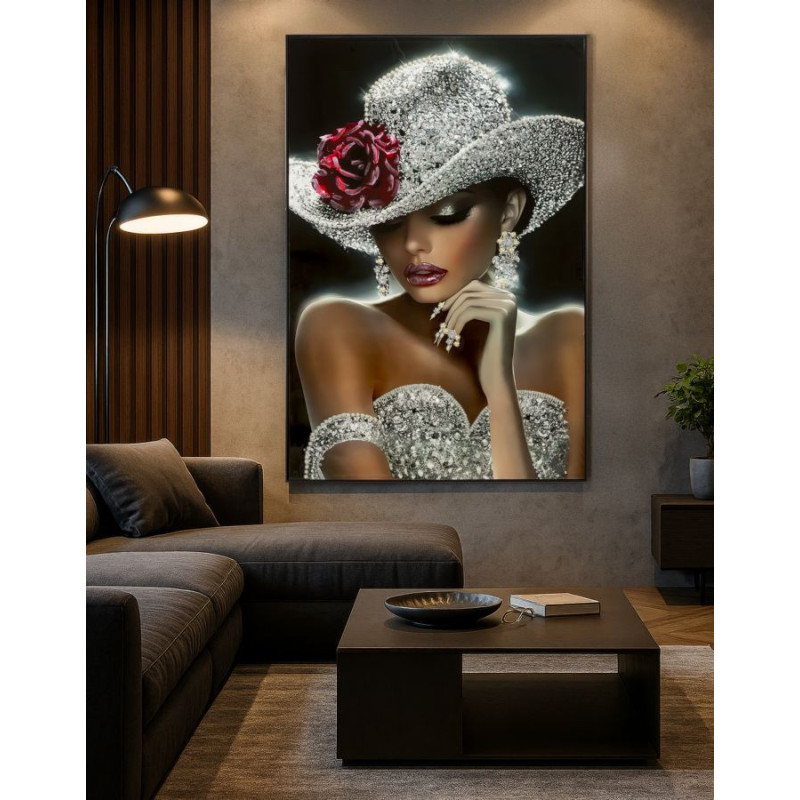 Grande Toile murale peinte Femme glamour Cadre noir 102x152 Finition laquée Orleans B 