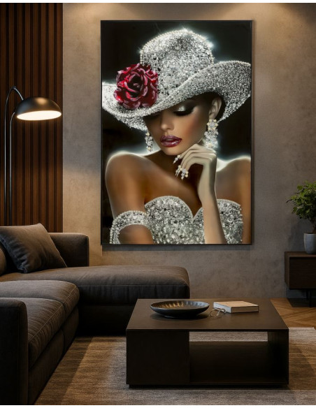 Grande Toile murale peinte Femme glamour Cadre noir 102x152 Finition laquée Orleans B 