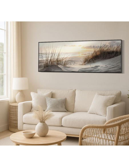 Grande Toile murale peinte Plage Cadre noir 152x52 Finition laquée Beach 