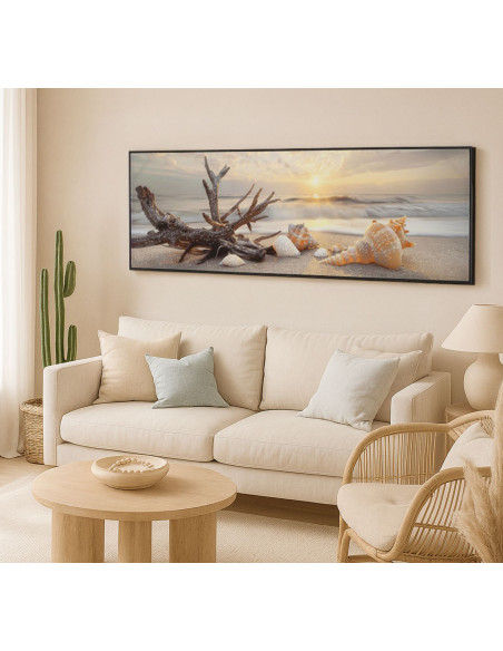 Grande Toile murale peinte bord de mer Cadre noir 152x52 Finition laquée Beach 