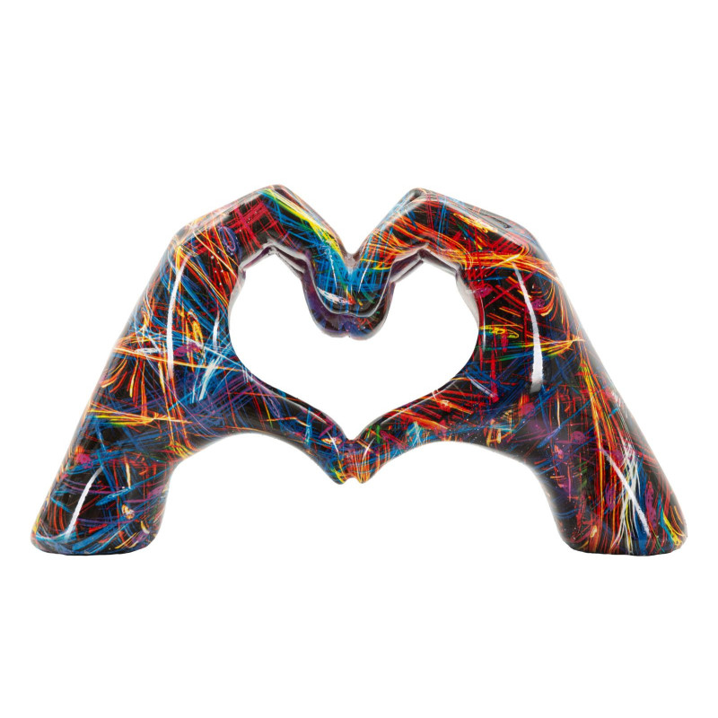 Sculpture déco pop art moderne Mains Coeur 25 cm Résine Noir Motif lignes multicolores Psyco 