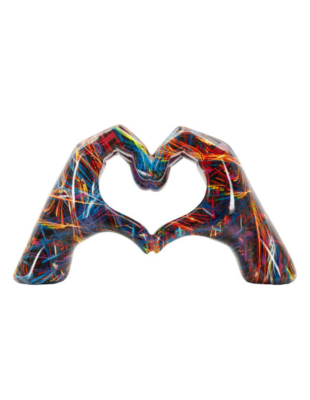 Sculpture déco pop art moderne Mains Coeur 25 cm Résine Noir Motif lignes multicolores Psyco 