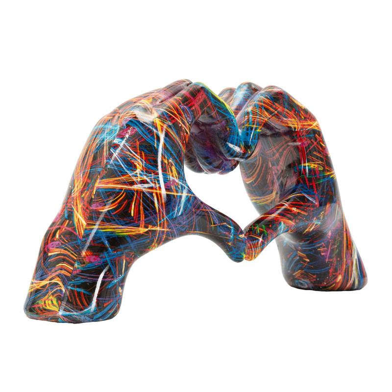 Sculpture déco pop art moderne Mains Coeur 25 cm Résine Noir Motif lignes multicolores Psyco 