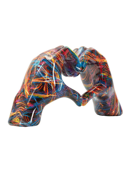 Sculpture déco pop art moderne Mains Coeur 25 cm Résine Noir Motif lignes multicolores Psyco 
