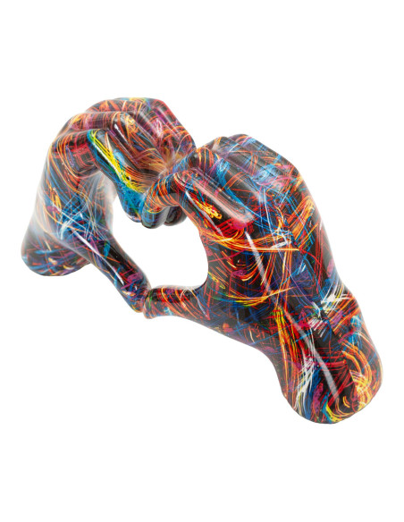 Sculpture déco pop art moderne Mains Coeur 25 cm Résine Noir Motif lignes multicolores Psyco 