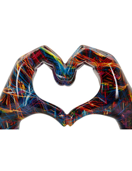 Sculpture déco pop art moderne Mains Coeur 25 cm Résine Noir Motif lignes multicolores Psyco 