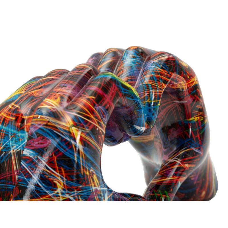Sculpture déco pop art moderne Mains Coeur 25 cm Résine Noir Motif lignes multicolores Psyco 
