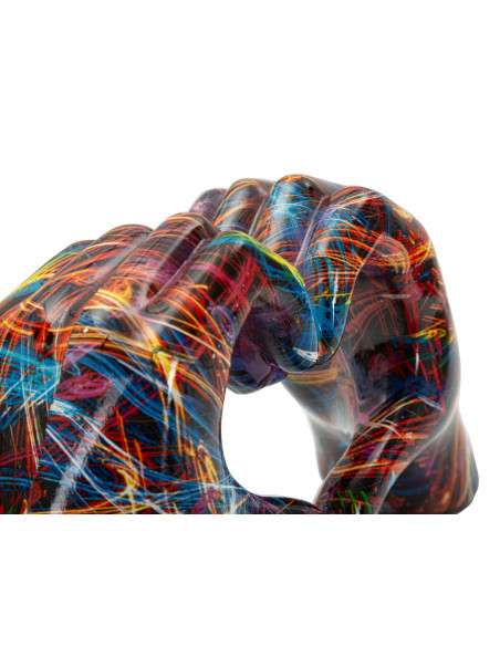 Sculpture déco pop art moderne Mains Coeur 25 cm Résine Noir Motif lignes multicolores Psyco 