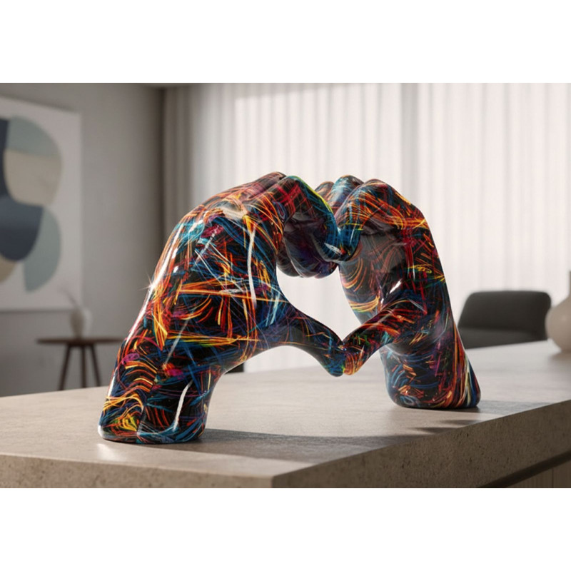 Sculpture déco pop art moderne Mains Coeur 25 cm Résine Noir Motif lignes multicolores Psyco 