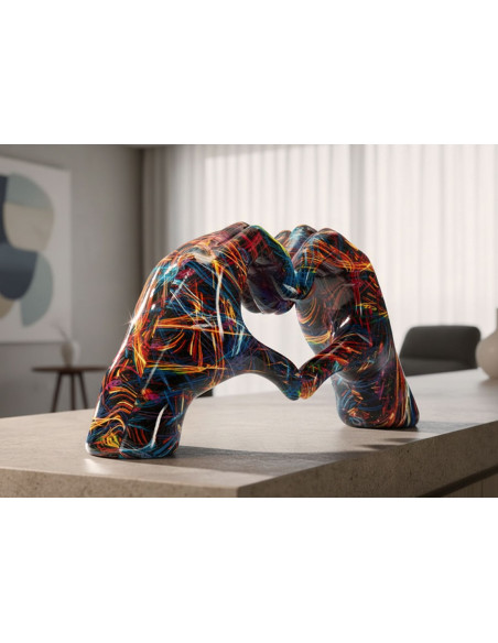 Sculpture déco pop art moderne Mains Coeur 25 cm Résine Noir Motif lignes multicolores Psyco 