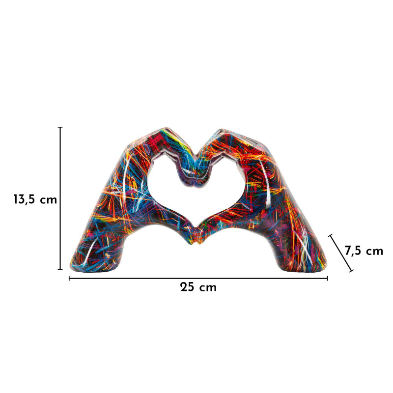 Sculpture déco pop art moderne Mains Coeur 25 cm Résine Noir Motif lignes multicolores Psyco 