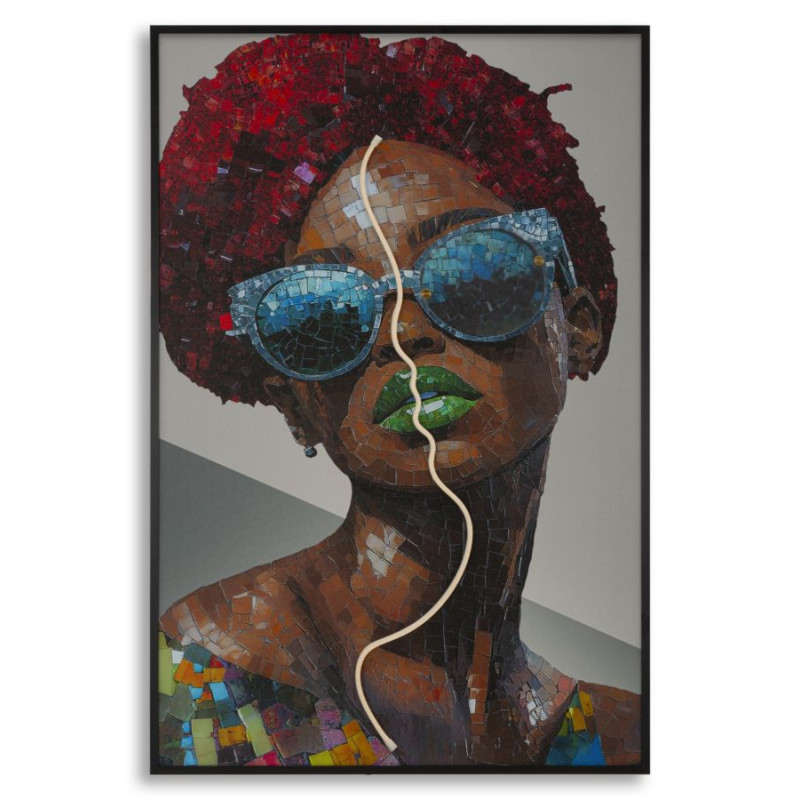 Toile murale lumineuse LED Femme avec lunettes Cadre noir 60x90 Finition 3D Afro 
