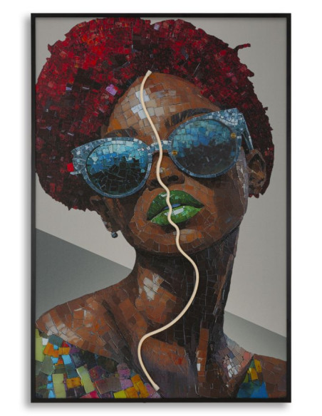 Toile murale lumineuse LED Femme avec lunettes Cadre noir 60x90 Finition 3D Afro 