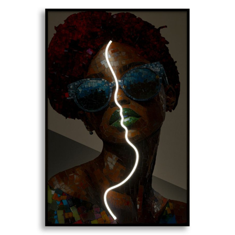 Toile murale lumineuse LED Femme avec lunettes Cadre noir 60x90 Finition 3D Afro 