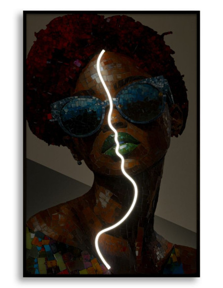 Toile murale lumineuse LED Femme avec lunettes Cadre noir 60x90 Finition 3D Afro 
