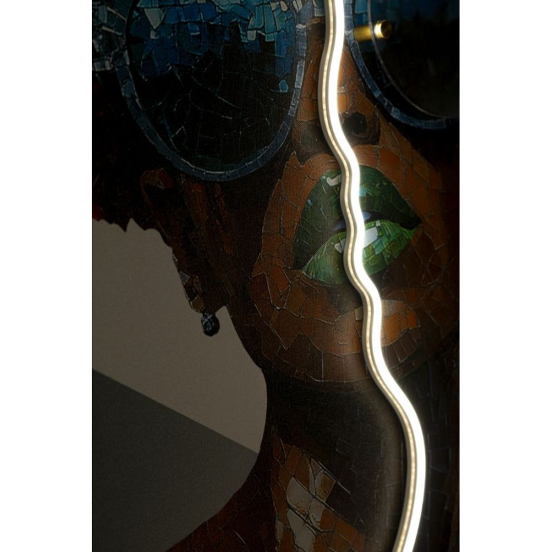Toile murale lumineuse LED Femme avec lunettes Cadre noir 60x90 Finition 3D Afro 