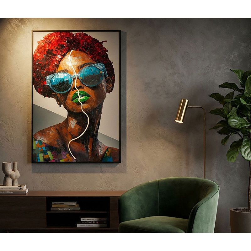Toile murale lumineuse LED Femme avec lunettes Cadre noir 60x90 Finition 3D Afro 