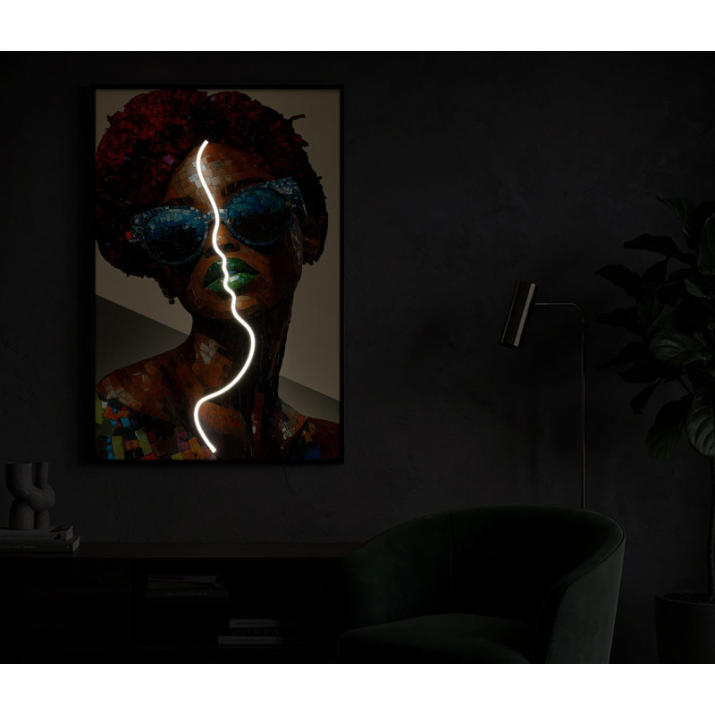 Toile murale lumineuse LED Femme avec lunettes Cadre noir 60x90 Finition 3D Afro 