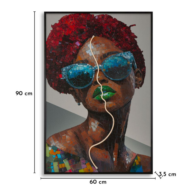 Toile murale lumineuse LED Femme avec lunettes Cadre noir 60x90 Finition 3D Afro 