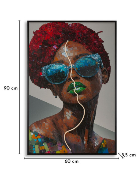 Toile murale lumineuse LED Femme avec lunettes Cadre noir 60x90 Finition 3D Afro 
