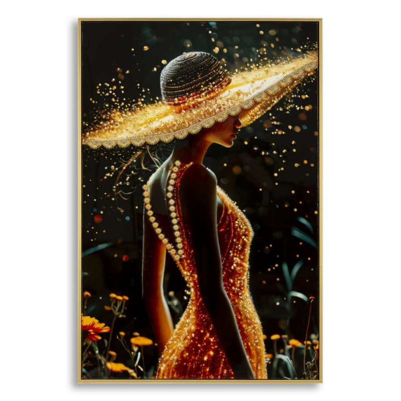 Toile murale Femme glamour avec strass Cadre doré 62x92 Finition laquée Illumy A 