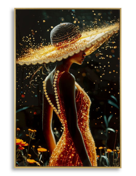 Toile murale Femme glamour avec strass Cadre doré 62x92 Finition laquée Illumy A 