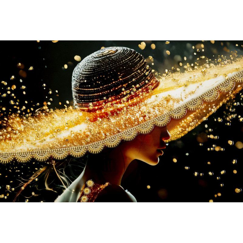 Toile murale Femme glamour avec strass Cadre doré 62x92 Finition laquée Illumy A 