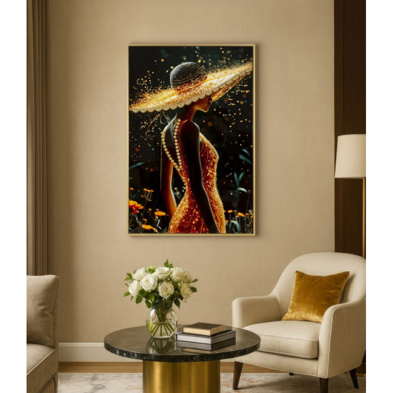 Toile murale Femme glamour avec strass Cadre doré 62x92 Finition laquée Illumy A 