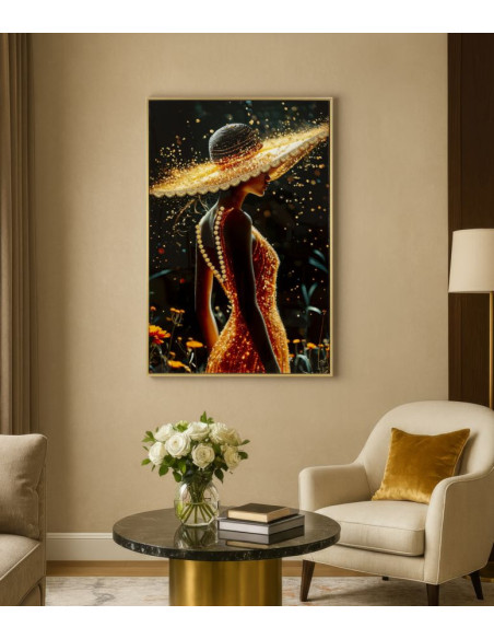 Toile murale Femme glamour avec strass Cadre doré 62x92 Finition laquée Illumy A 