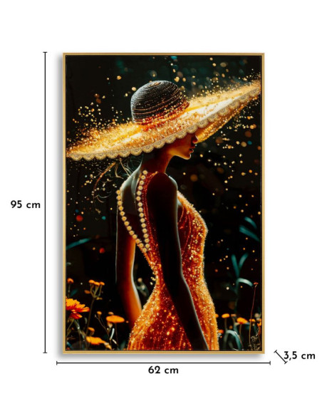 Toile murale Femme glamour avec strass Cadre doré 62x92 Finition laquée Illumy A 