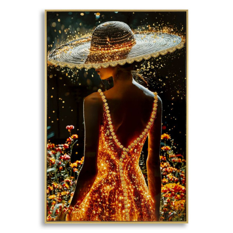 Toile murale Femme glamour avec strass Cadre doré 62x92 Finition laquée Illumy B 