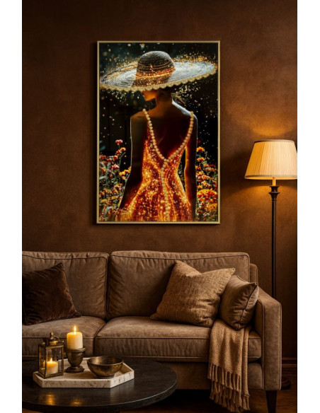 Toile murale Femme glamour avec strass Cadre doré 62x92 Finition laquée Illumy B 