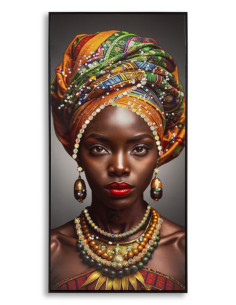 Grande Toile murale Femme africaine avec strass Cadre noir 60x120 Finition laquée Maya 