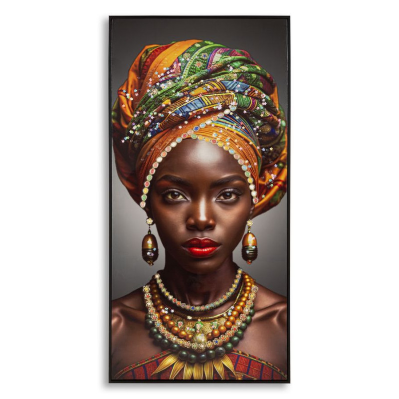 Grande Toile murale Femme africaine avec strass Cadre noir 60x120 Finition laquée Maya 