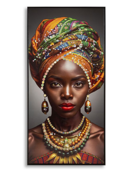 Grande Toile murale Femme africaine avec strass Cadre noir 60x120 Finition laquée Maya 