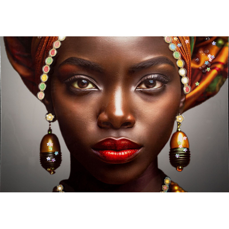 Grande Toile murale Femme africaine avec strass Cadre noir 60x120 Finition laquée Maya 