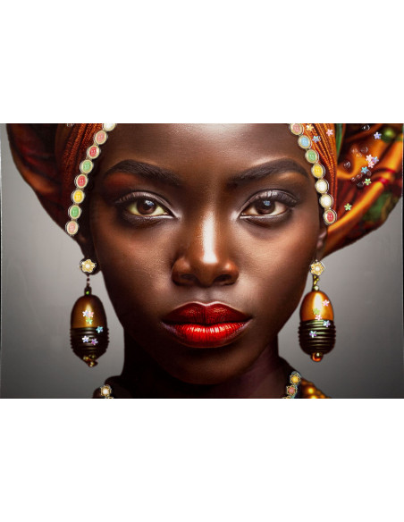 Grande Toile murale Femme africaine avec strass Cadre noir 60x120 Finition laquée Maya 